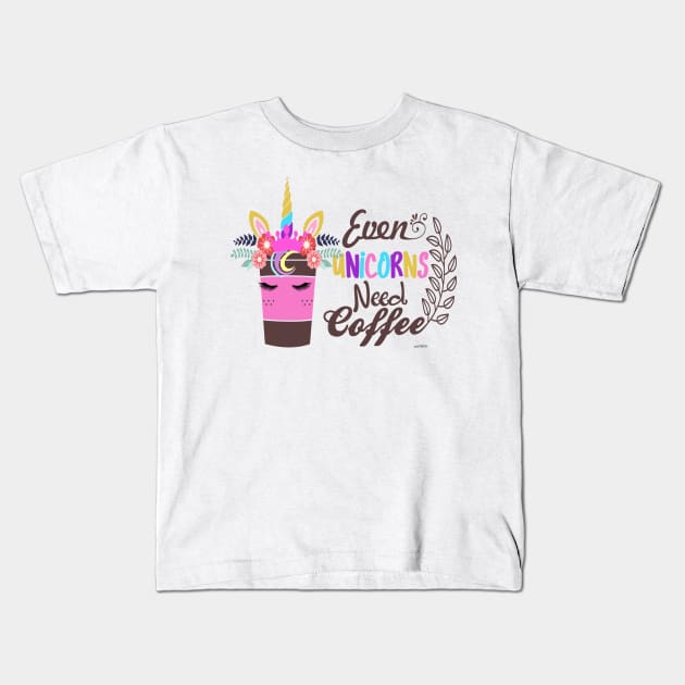 Even Unicorns need coffee Kids T-Shirt by strawberrymonkee